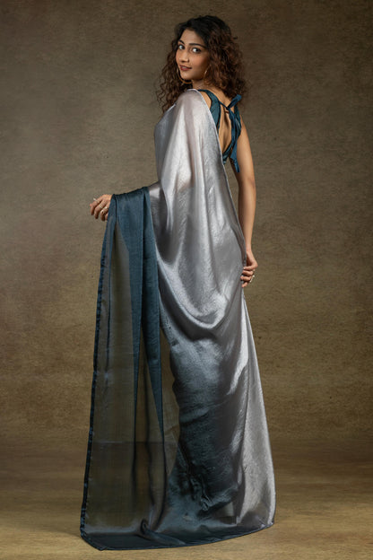 Chiku and Teal Colour Fendi Satin Silk Ready To Wear Saree