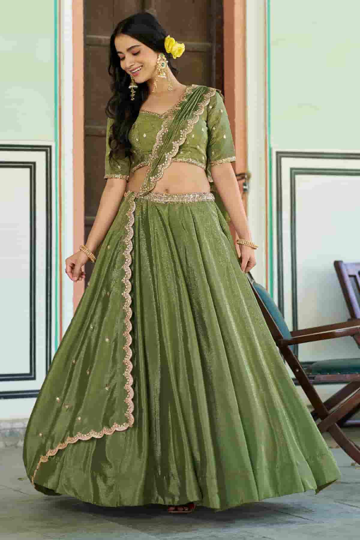 Chinon Thread Sequins Work Lehenga Choli In Light Green Colour