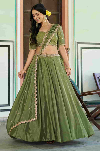 Chinon Thread Sequins Work Lehenga Choli In Light Green Colour