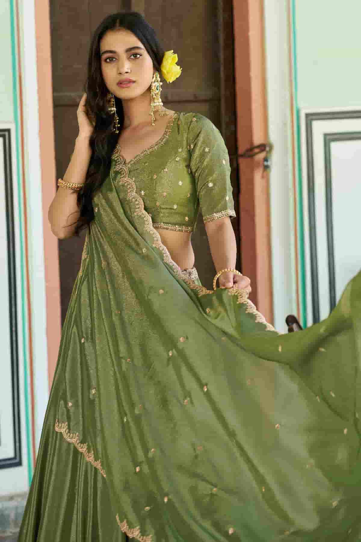 Chinon Thread Sequins Work Lehenga Choli In Light Green Colour