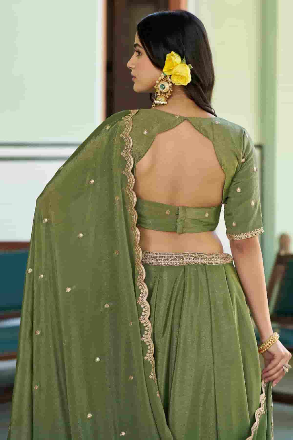 Chinon Thread Sequins Work Lehenga Choli In Light Green Colour