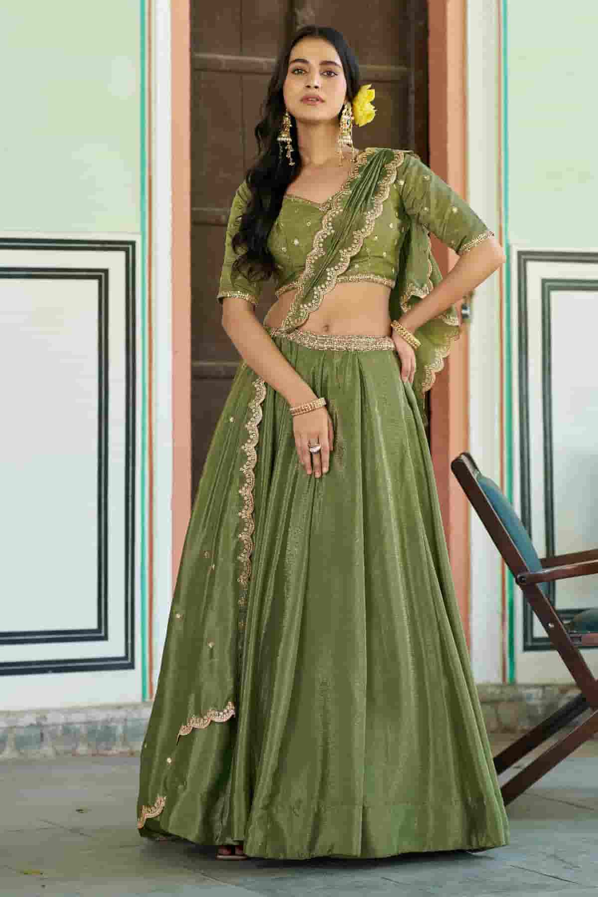 Chinon Thread Sequins Work Lehenga Choli In Light Green Colour