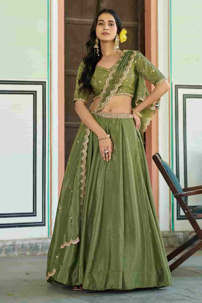 Chinon Thread Sequins Work Lehenga Choli In Light Green Colour