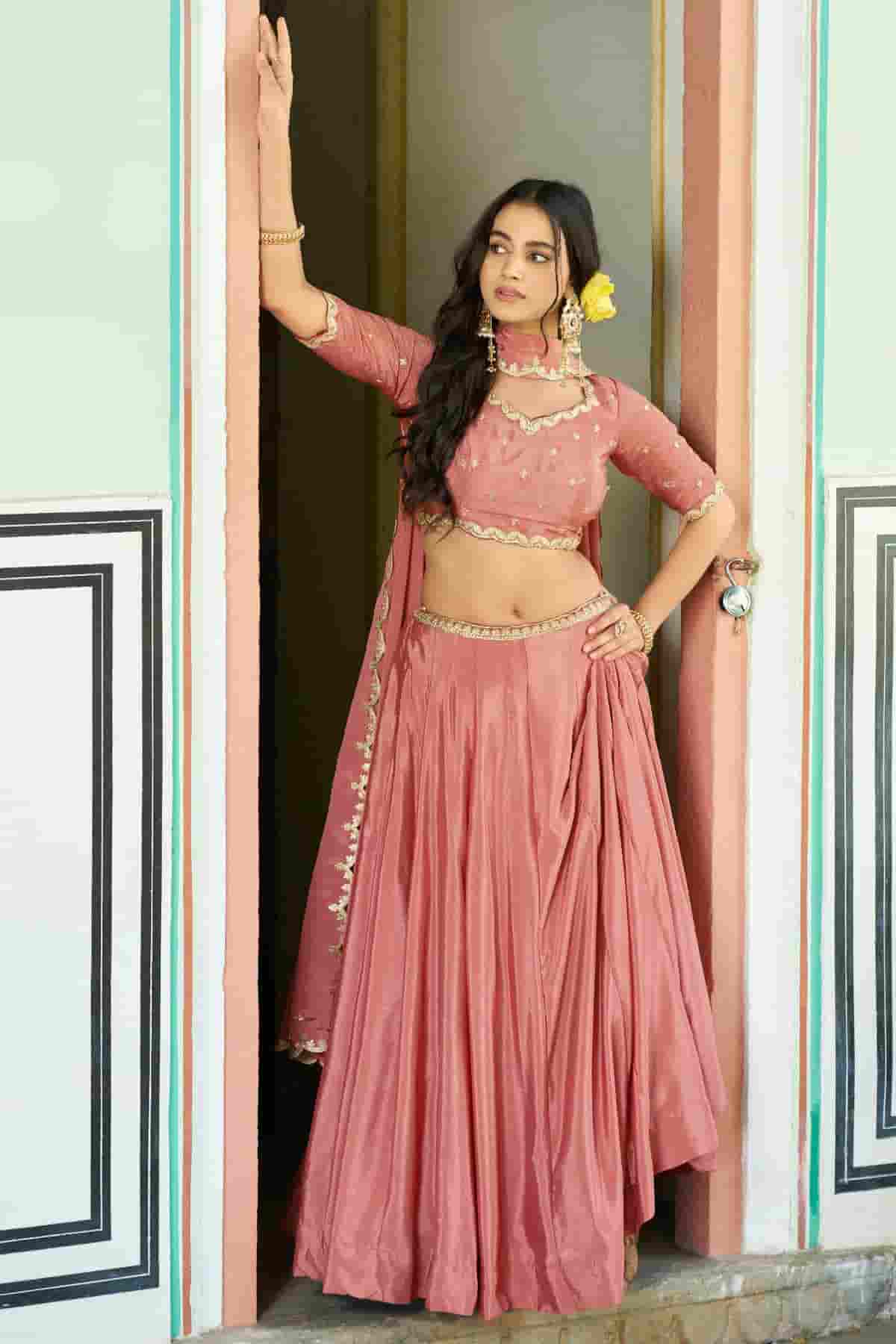 Chinon Thread Sequins Work Lehenga Choli In Peach Colour