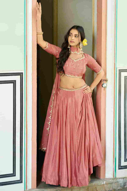 Chinon Thread Sequins Work Lehenga Choli In Peach Colour