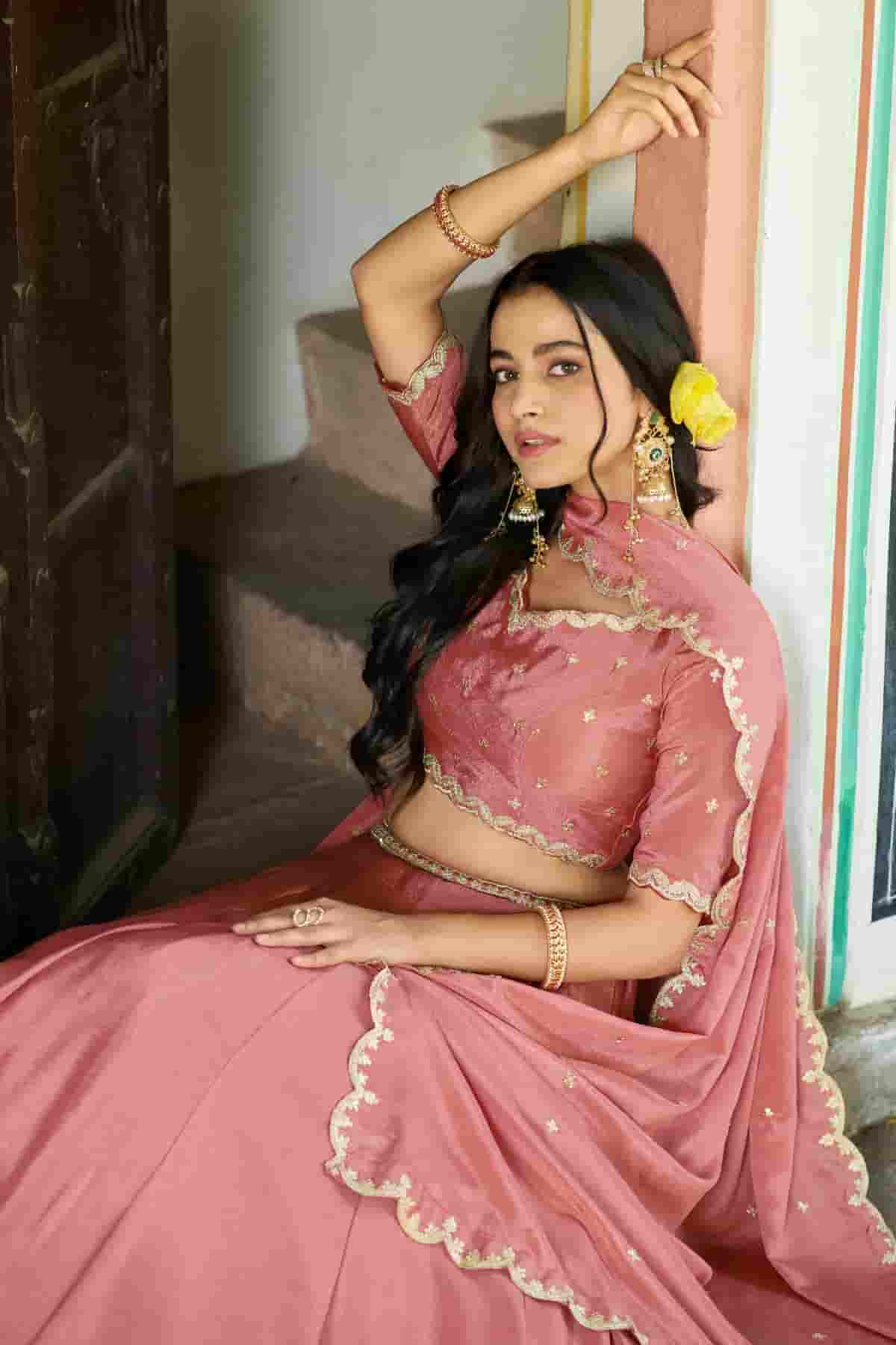 Chinon Thread Sequins Work Lehenga Choli In Peach Colour