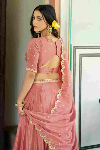 Chinon Thread Sequins Work Lehenga Choli In Peach Colour