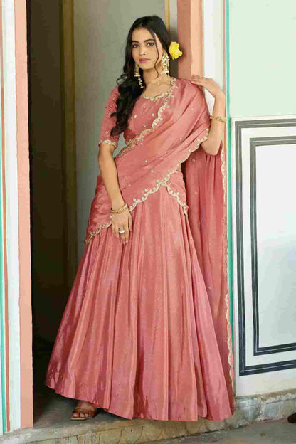 Chinon Thread Sequins Work Lehenga Choli In Peach Colour