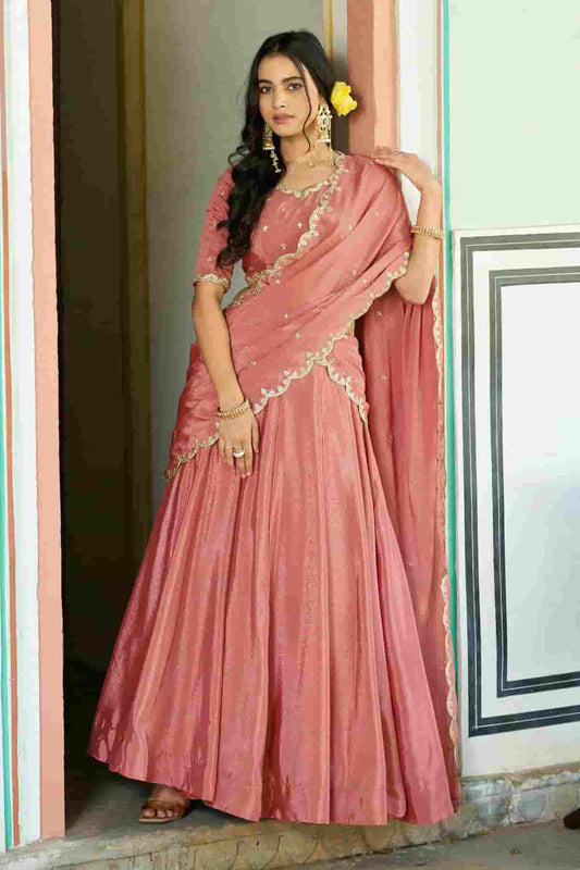 Chinon Thread Sequins Work Lehenga Choli In Peach Colour