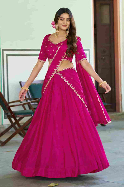 Chinon Thread Sequins Work Lehenga Choli In Pink Colour