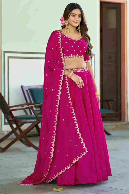 Chinon Thread Sequins Work Lehenga Choli In Pink Colour