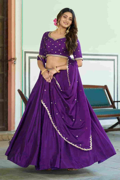 Chinon Thread Sequins Work Lehenga Choli In Purple Colour