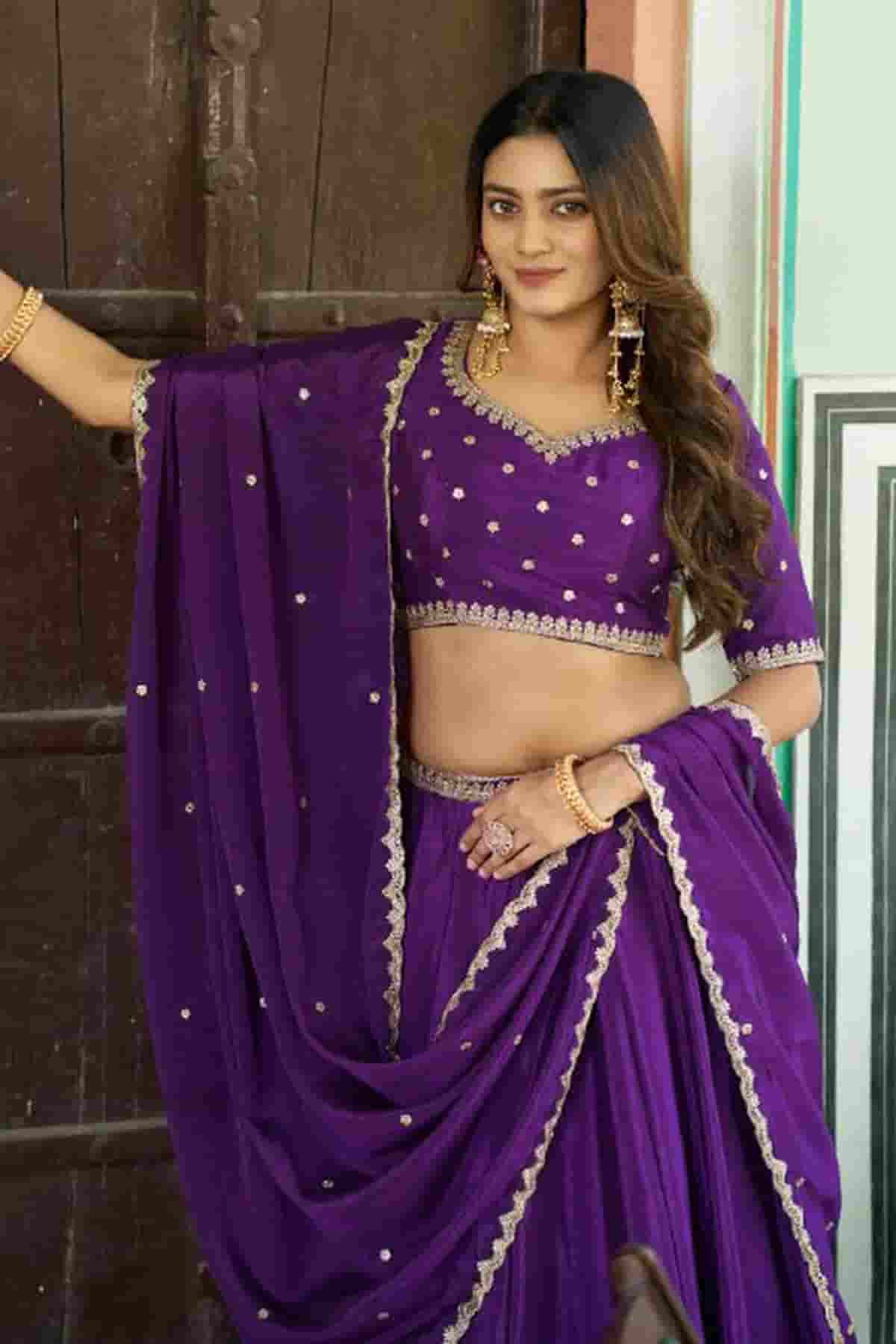 Chinon Thread Sequins Work Lehenga Choli In Purple Colour