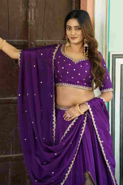Chinon Thread Sequins Work Lehenga Choli In Purple Colour