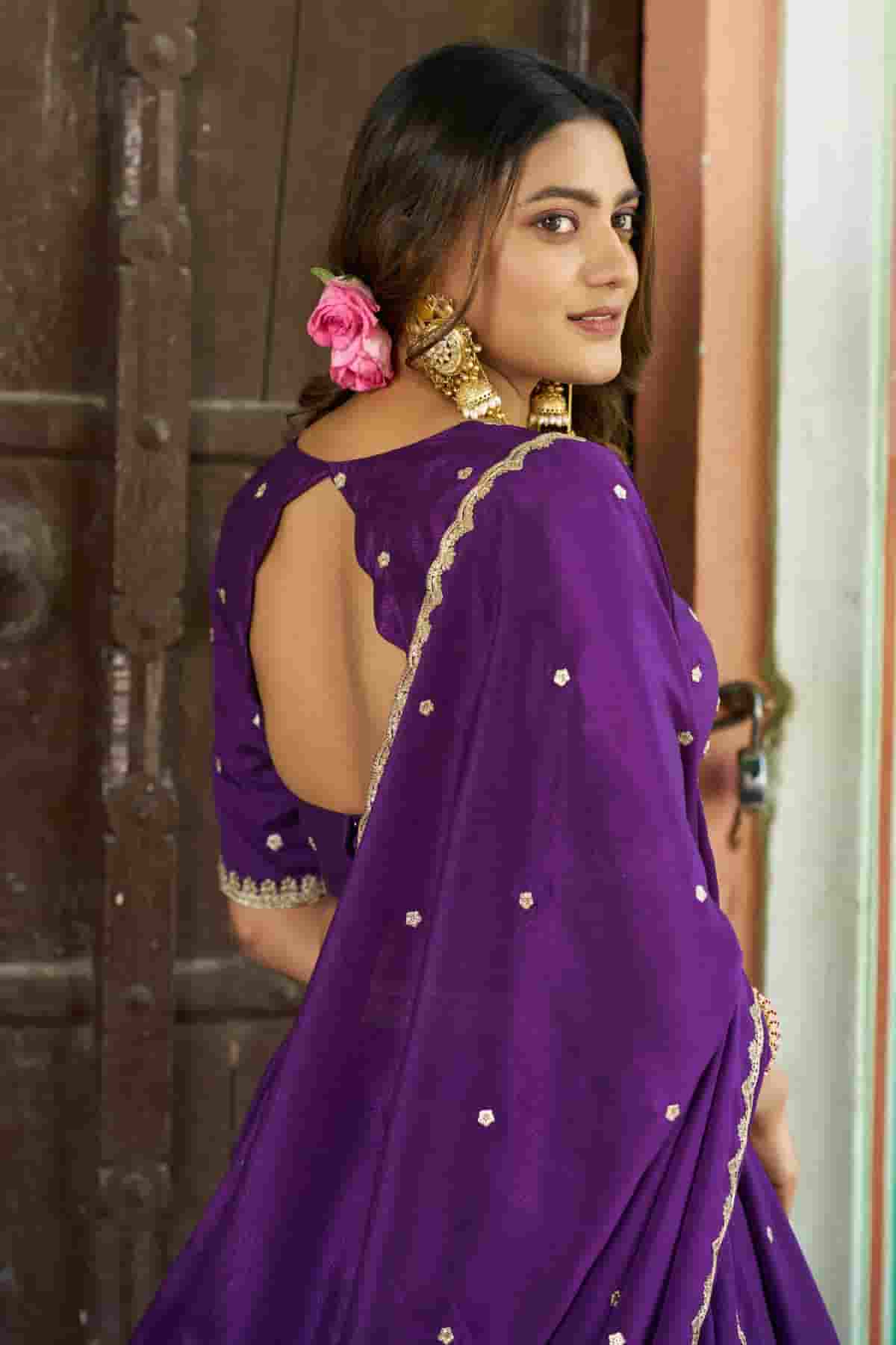 Chinon Thread Sequins Work Lehenga Choli In Purple Colour