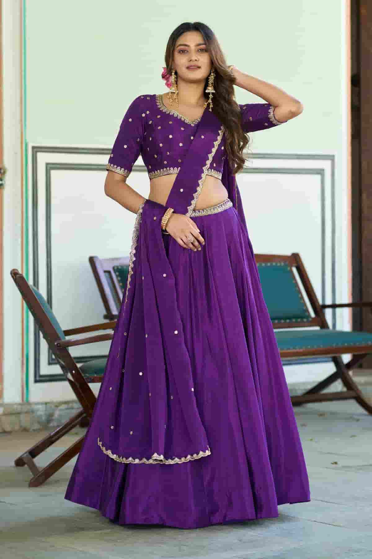 Chinon Thread Sequins Work Lehenga Choli In Purple Colour