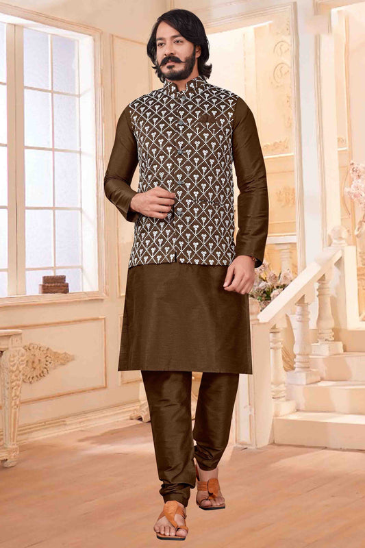 Coffee Colour Kurta Pajama With Jacket In Art Silk KP1210364