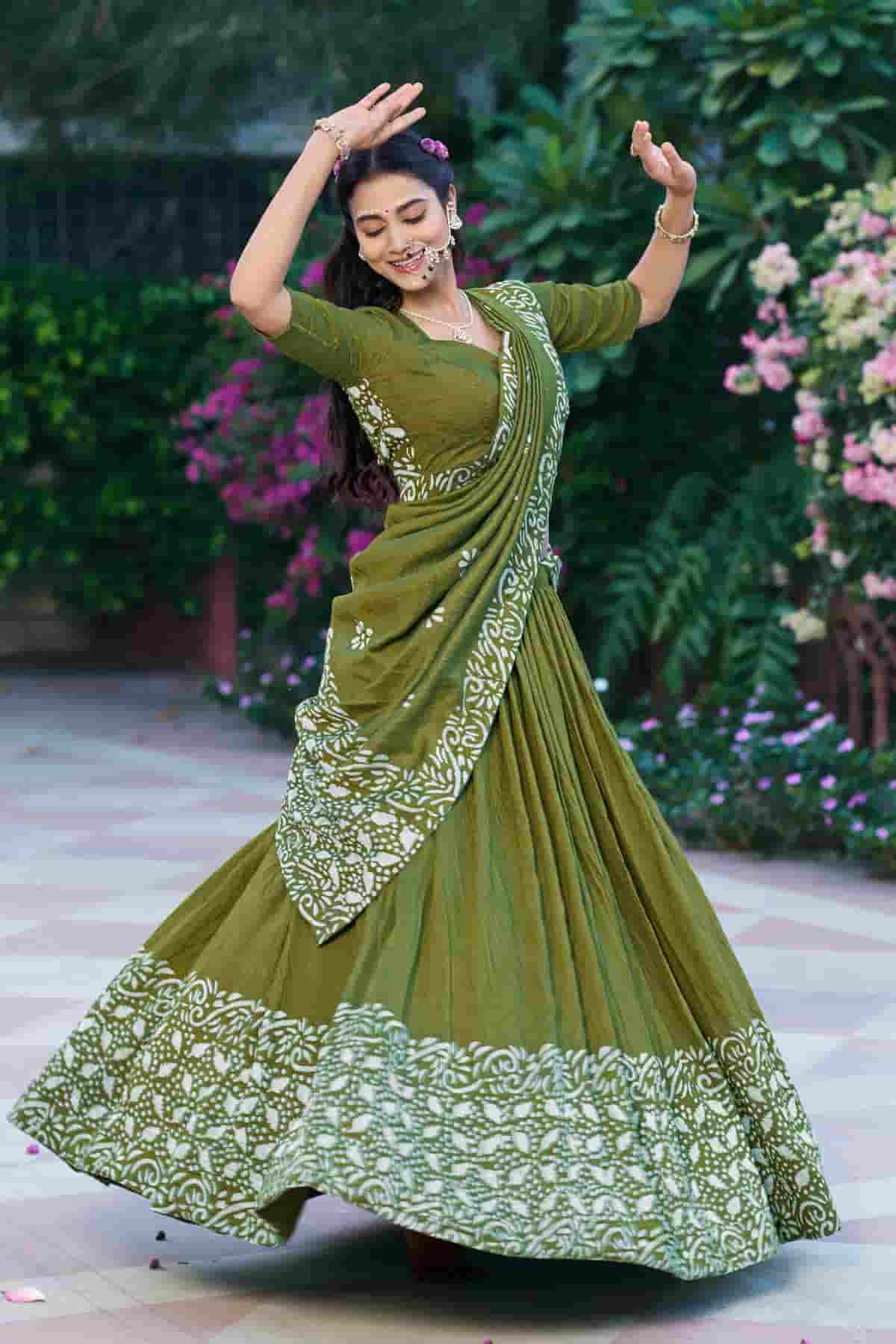 Cotton Chenderi Zari Woven Work Lehenga Choli In Mehendi Green Colour