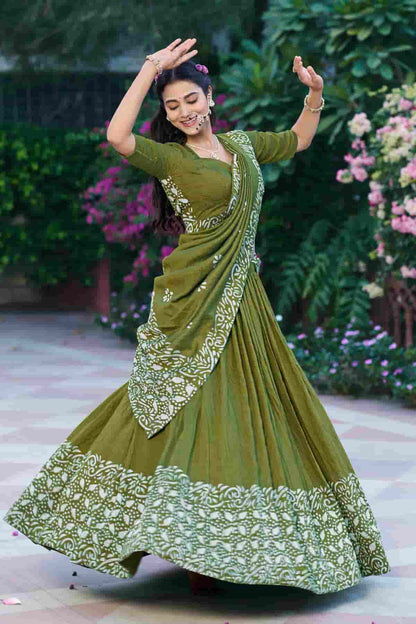 Cotton Chenderi Zari Woven Work Lehenga Choli In Mehendi Green Colour