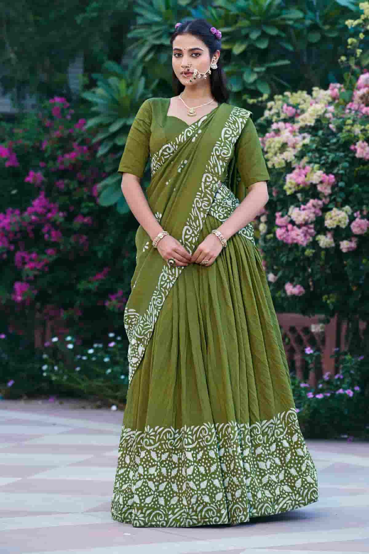 Cotton Chenderi Zari Woven Work Lehenga Choli In Mehendi Green Colour