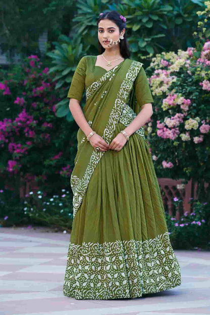 Cotton Chenderi Zari Woven Work Lehenga Choli In Mehendi Green Colour