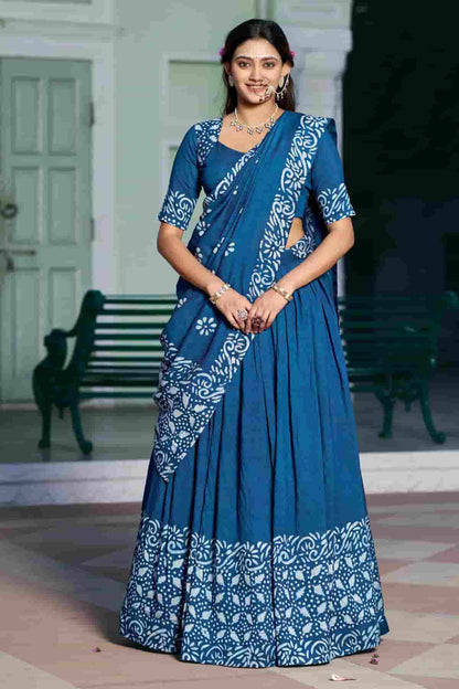 Cotton Chenderi Zari Woven Work Lehenga Choli In Teal Blue Colour