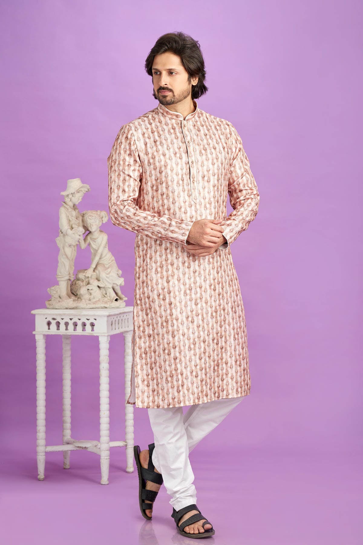 Cotton Digital Print Kurta Pajama In Brown Colour KP1230484