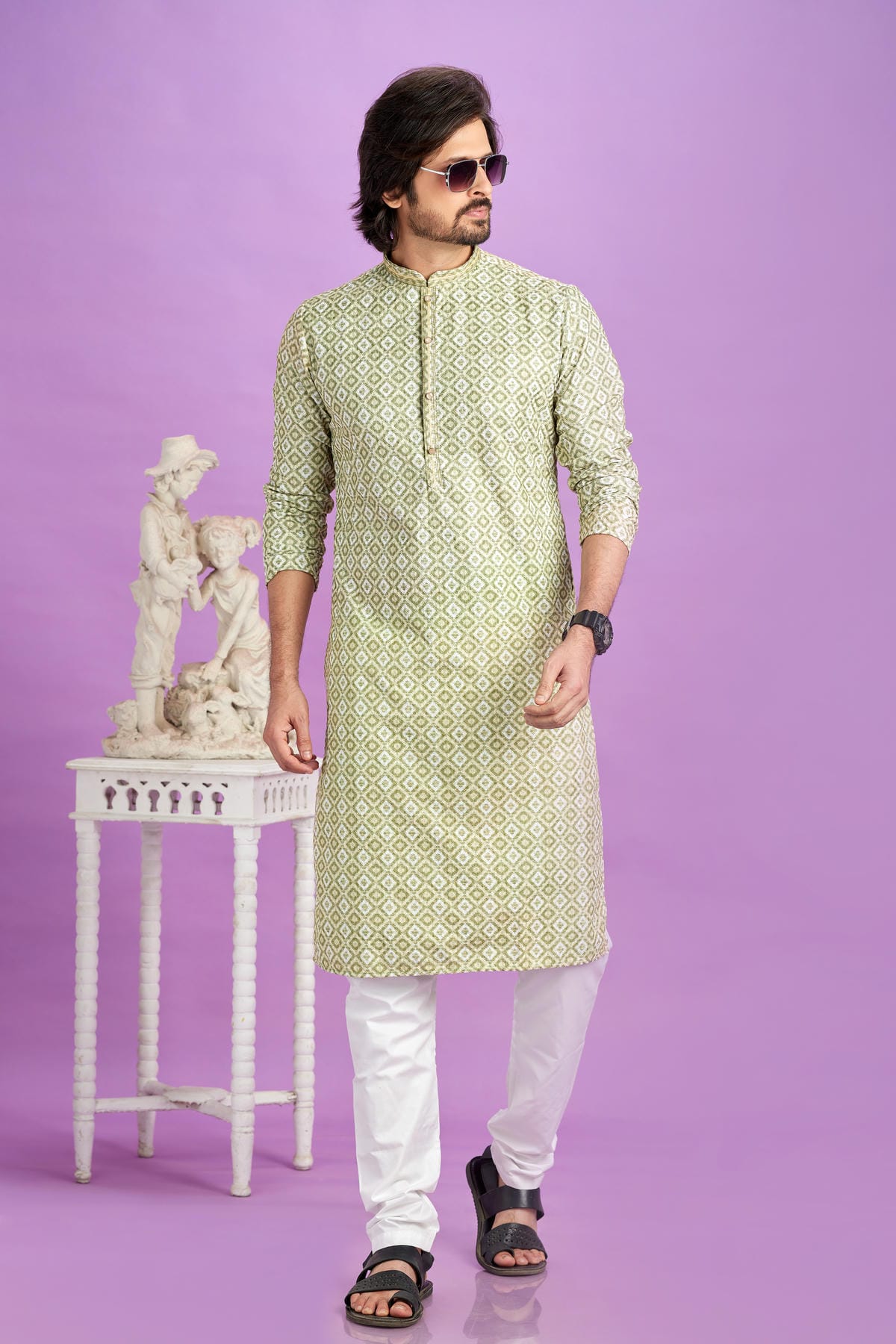 Cotton Digital Print Kurta Pajama In Light Green Colour KP1230479 1