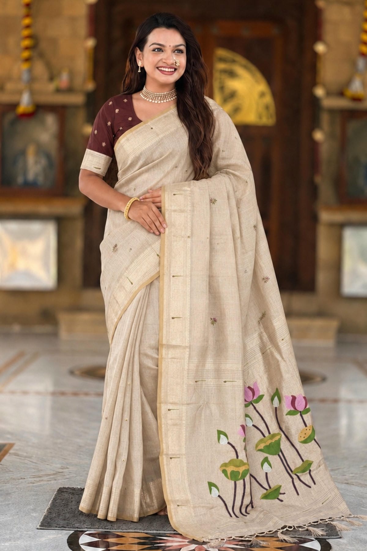 Cotton Silk Woven Work Traditional Sarees In Cream Colour