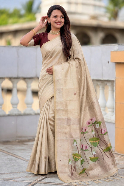 Cotton Silk Woven Work Traditional Sarees In Cream Colour