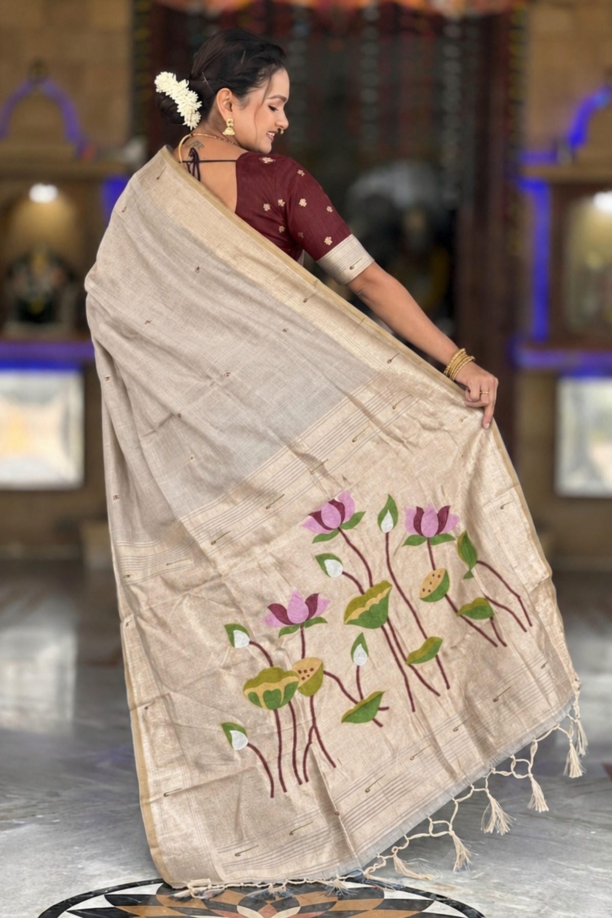 Cotton Silk Woven Work Traditional Sarees In Cream Colour