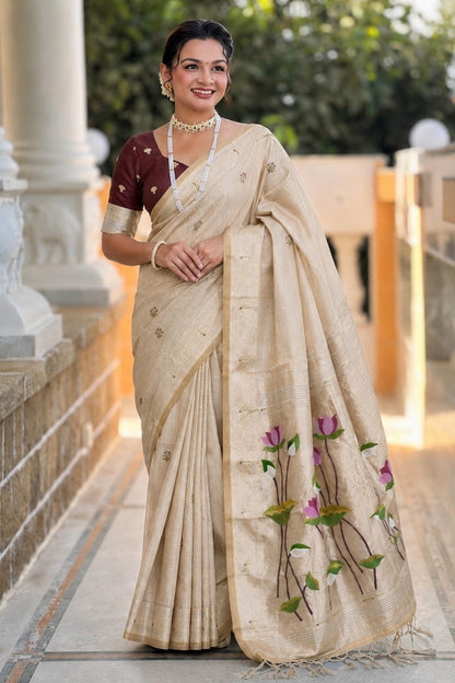 Cotton Silk Woven Work Traditional Sarees In Cream Colour