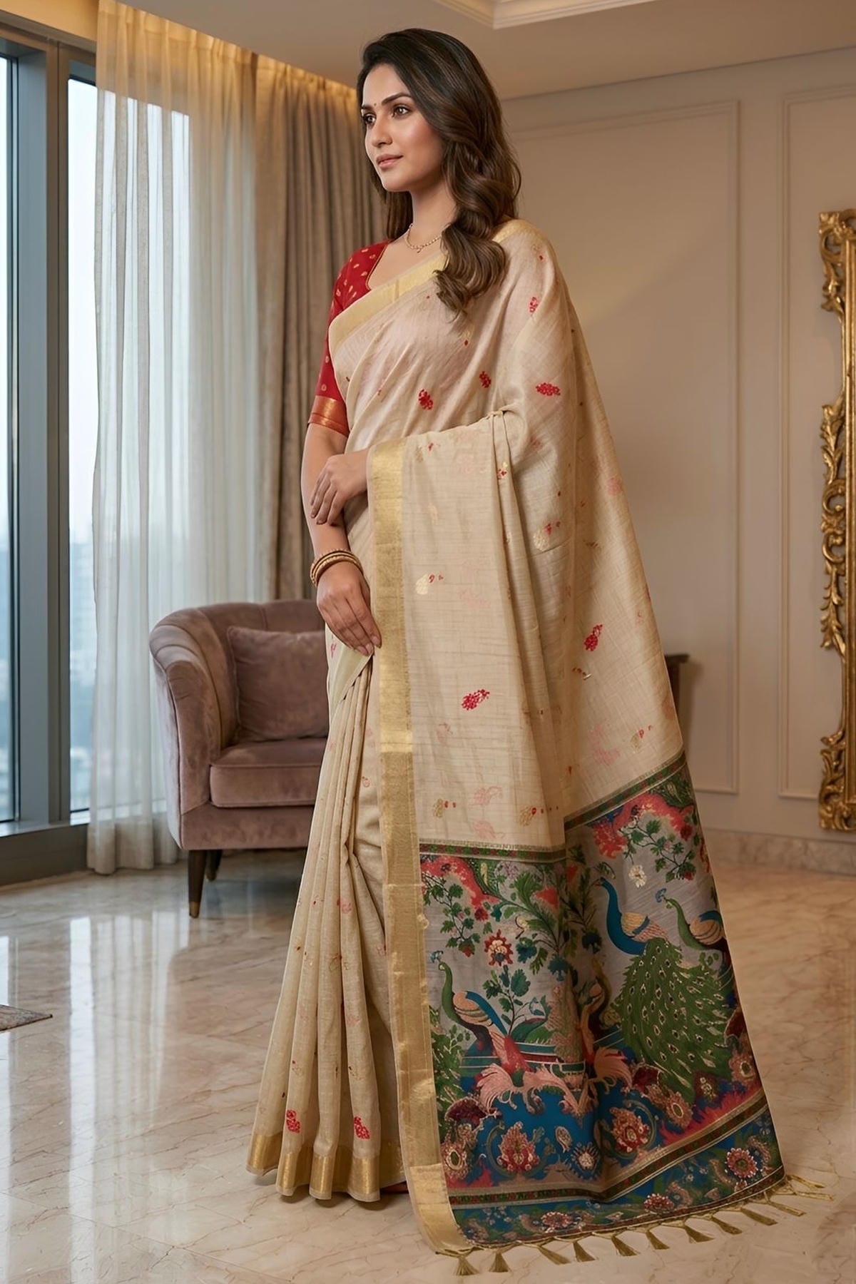 Cotton Silk Woven Work Traditional Sarees In Cream Colour