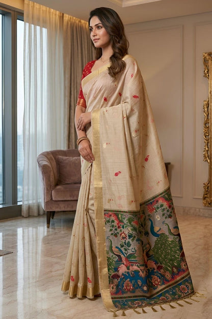 Cotton Silk Woven Work Traditional Sarees In Cream Colour
