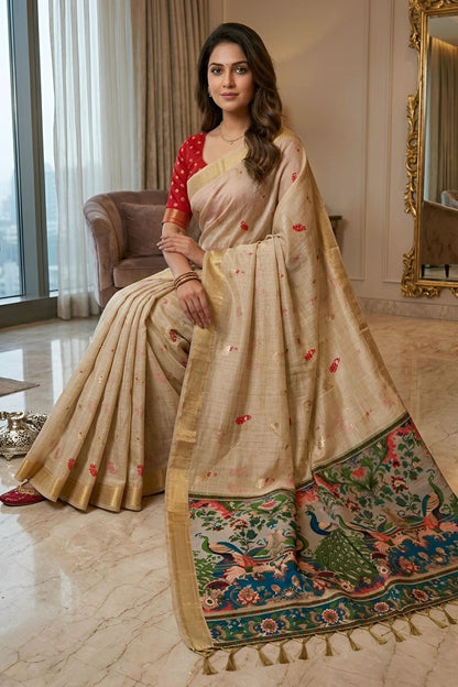 Cotton Silk Woven Work Traditional Sarees In Cream Colour