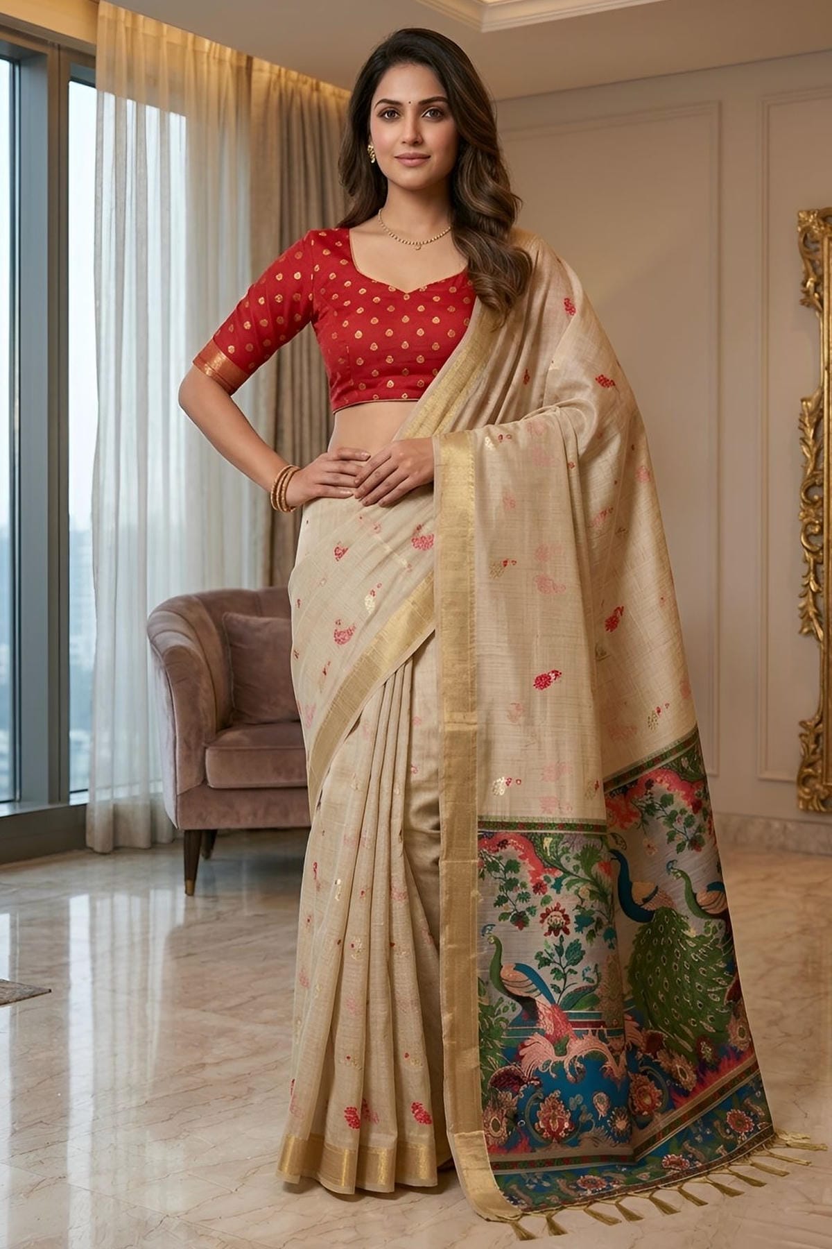 Cotton Silk Woven Work Traditional Sarees In Cream Colour