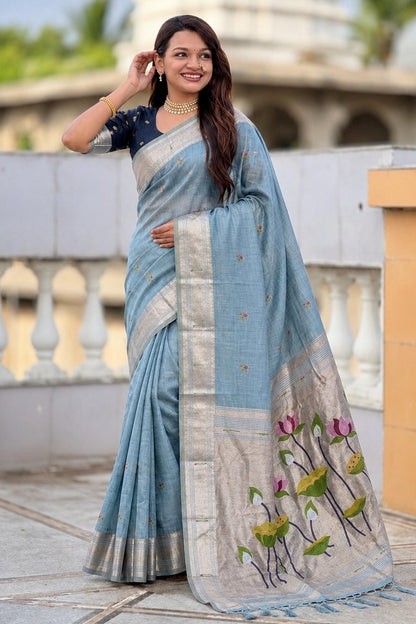 Cotton Silk Woven Work Traditional Sarees In Firozi Colour