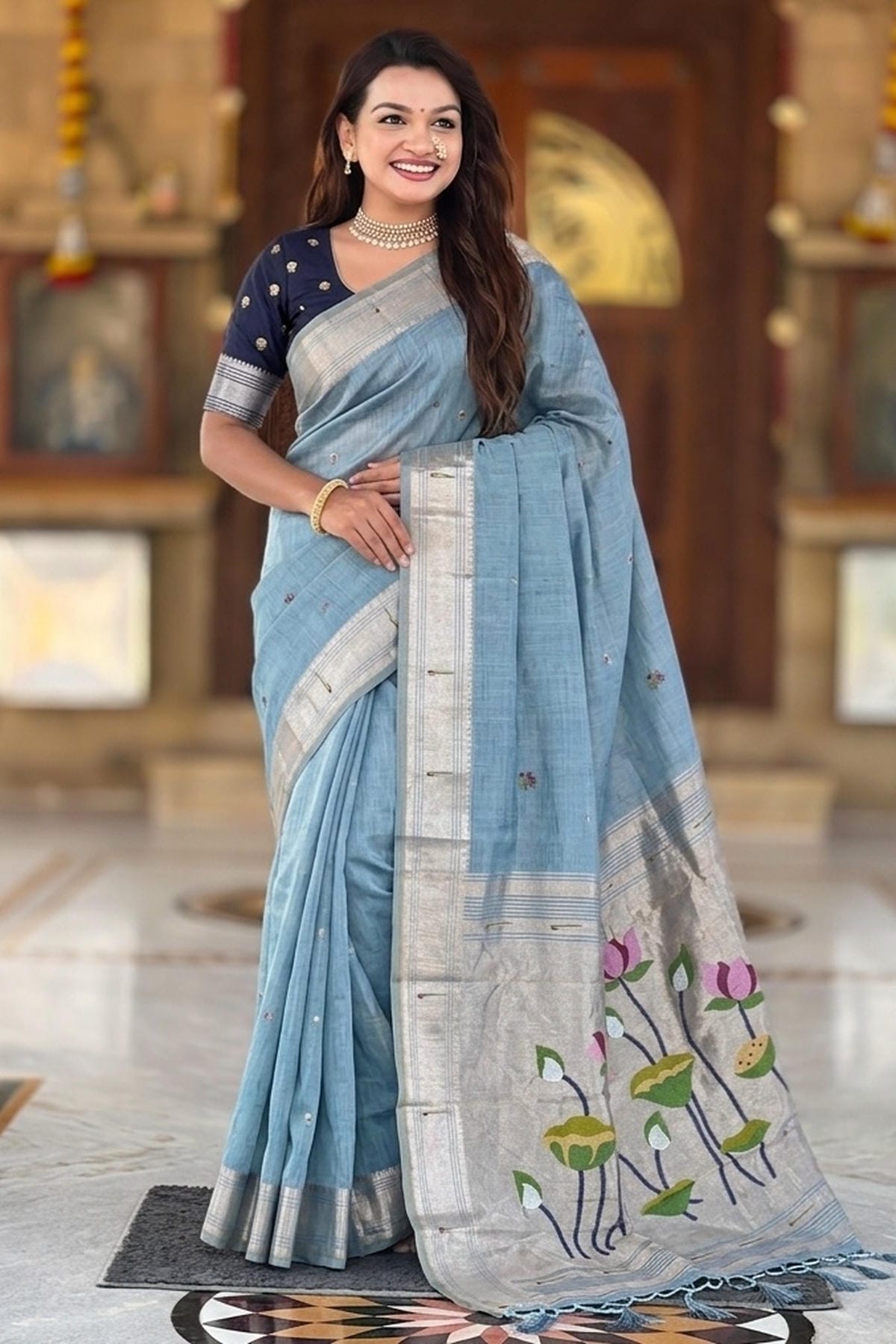 Cotton Silk Woven Work Traditional Sarees In Firozi Colour