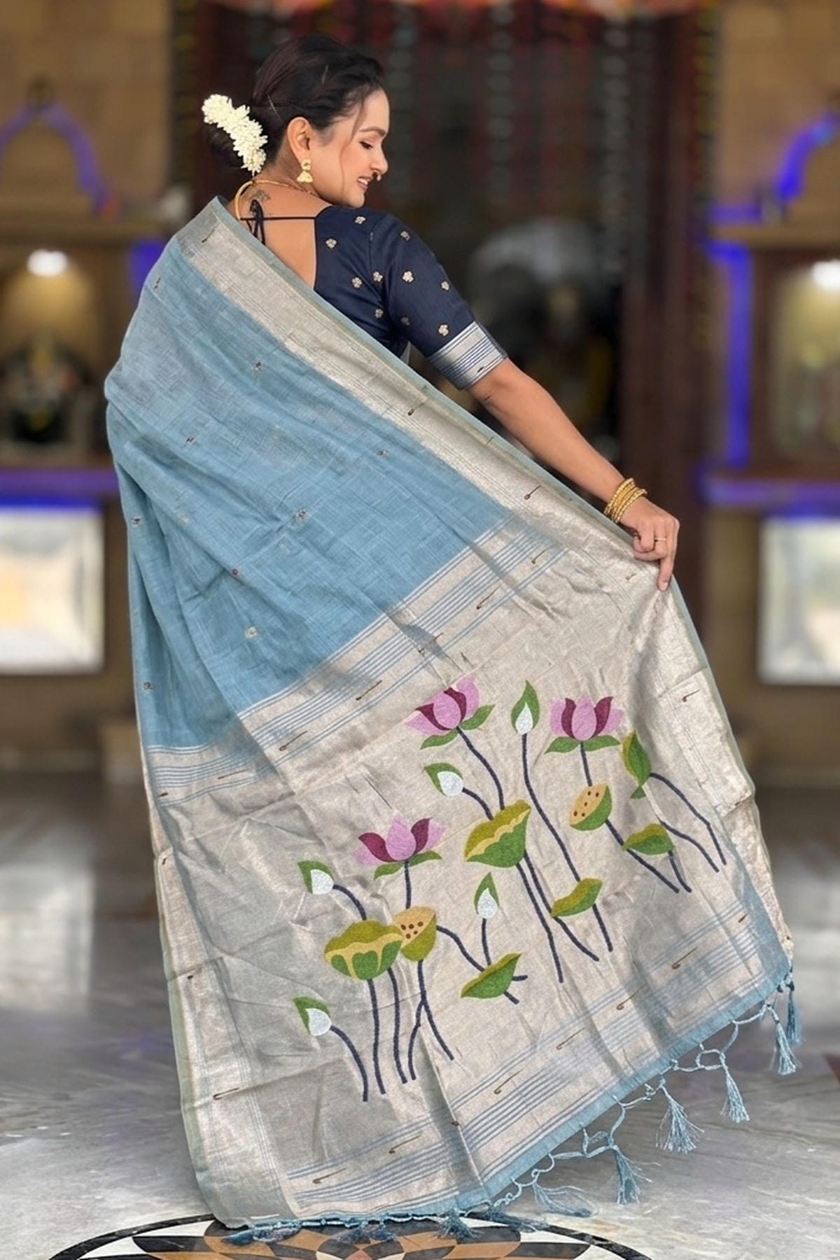 Cotton Silk Woven Work Traditional Sarees In Firozi Colour
