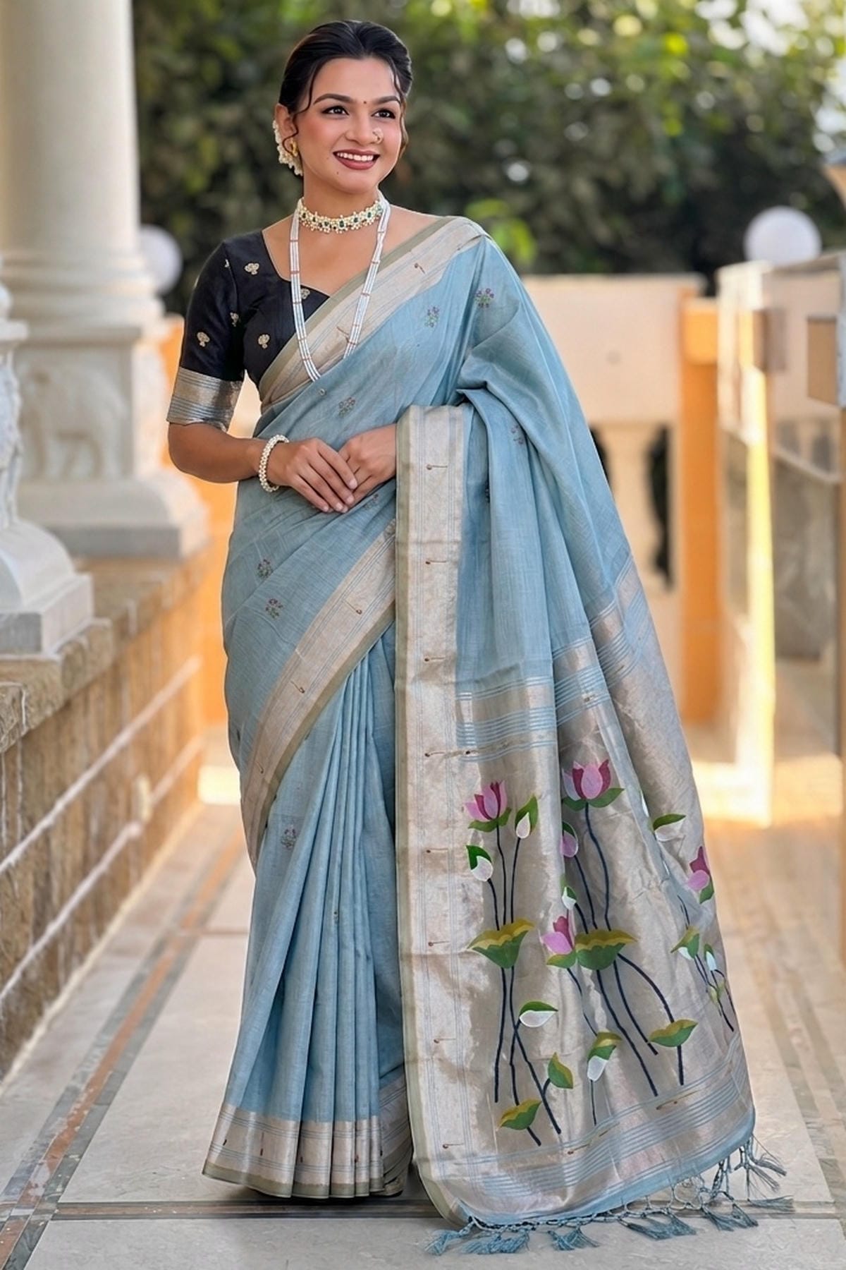 Cotton Silk Woven Work Traditional Sarees In Firozi Colour