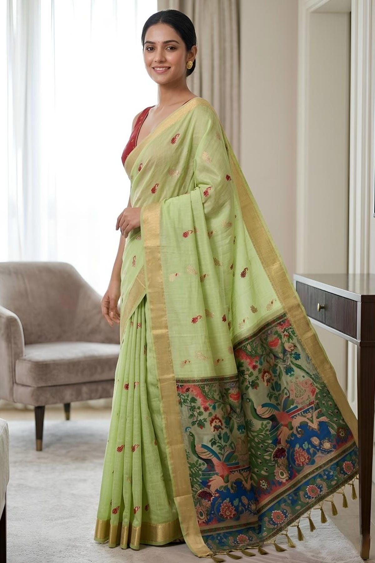 Cotton Silk Woven Work Traditional Sarees In Green Colour