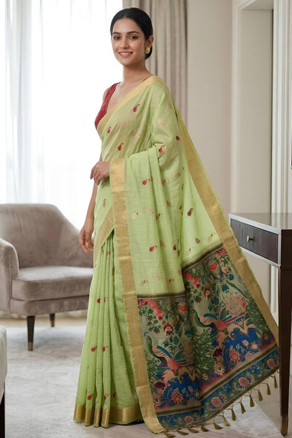 Cotton Silk Woven Work Traditional Sarees In Green Colour