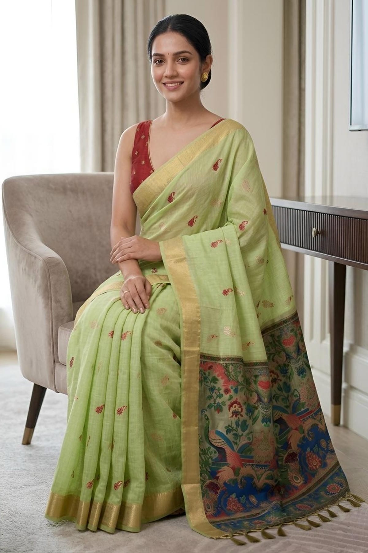 Cotton Silk Woven Work Traditional Sarees In Green Colour
