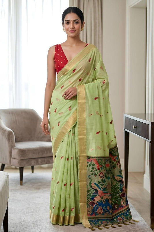 Cotton Silk Woven Work Traditional Sarees In Green Colour