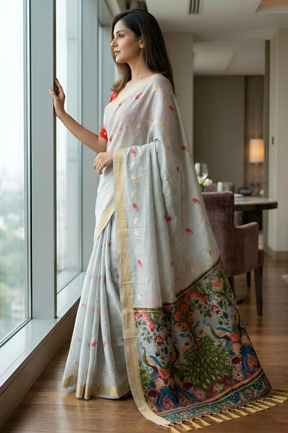Cotton Silk Woven Work Traditional Sarees In Grey Colour
