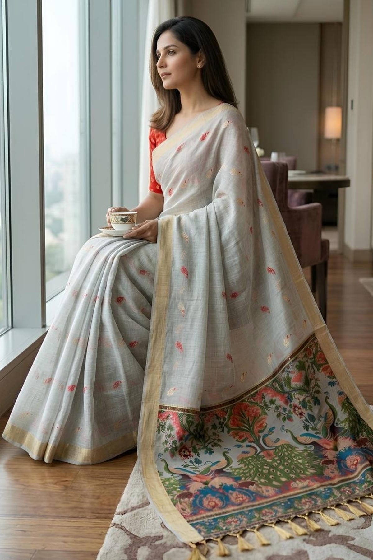 Cotton Silk Woven Work Traditional Sarees In Grey Colour