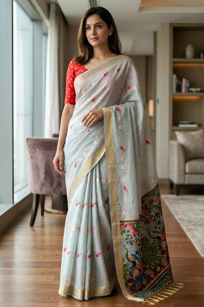 Cotton Silk Woven Work Traditional Sarees In Grey Colour
