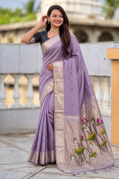 Cotton Silk Woven Work Traditional Sarees In Lavender Colour
