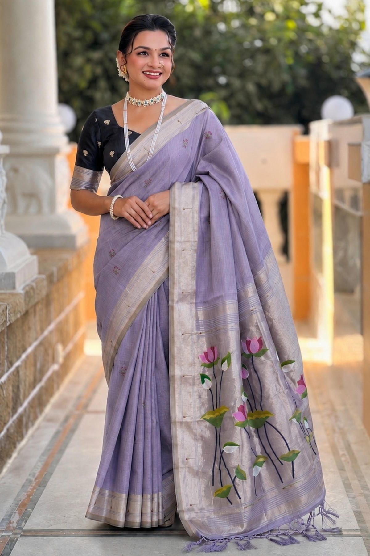 Cotton Silk Woven Work Traditional Sarees In Lavender Colour