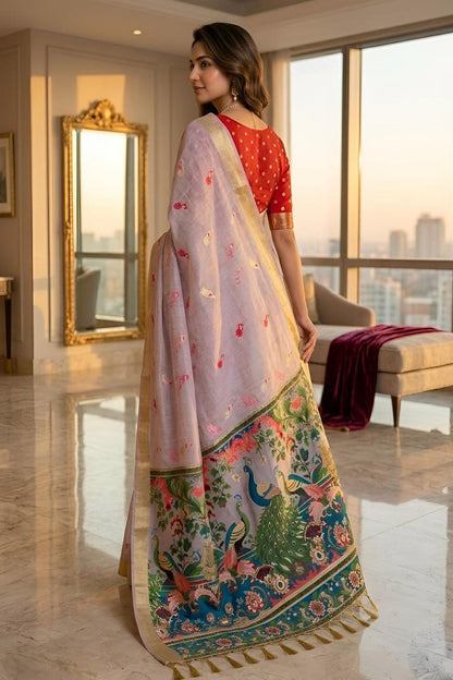 Cotton Silk Woven Work Traditional Sarees In Lavender Colour